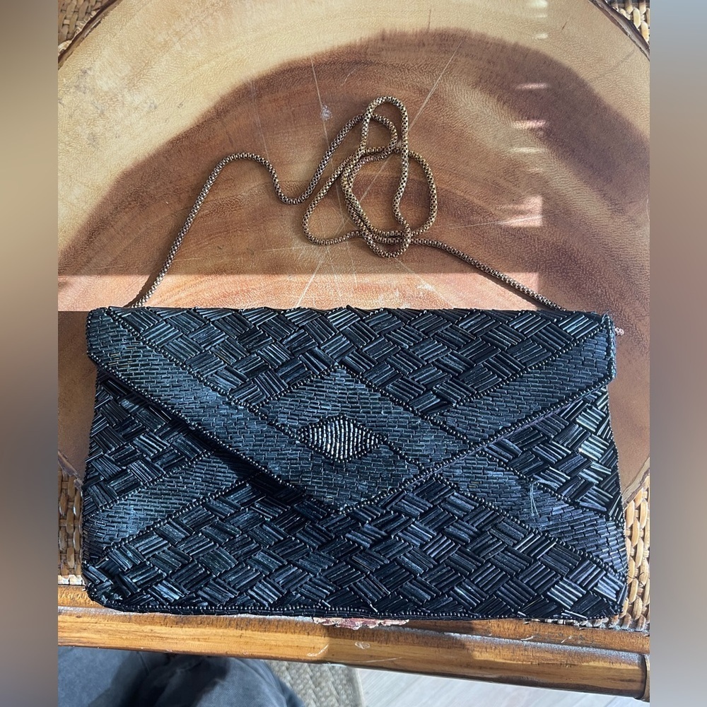 black beaded formal clutch bag with a chain black tie evening prom purse